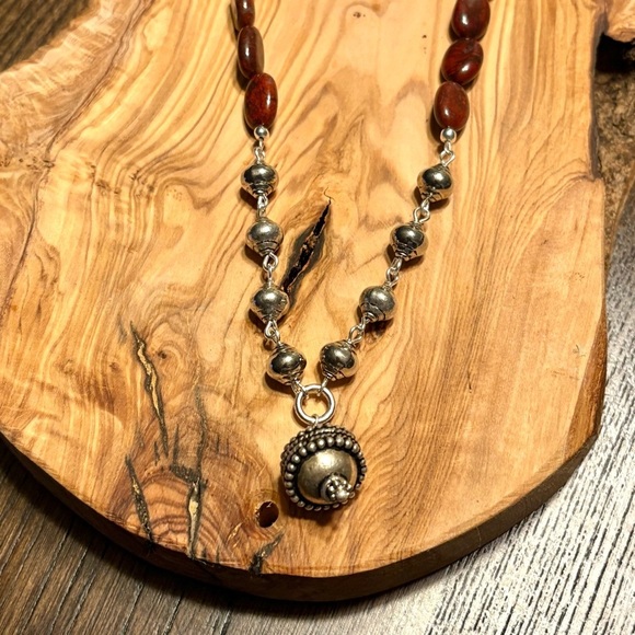 Jasper Brown Bead and Tibetan Silver Extra Long Necklace Handmade - Picture 2 of 6